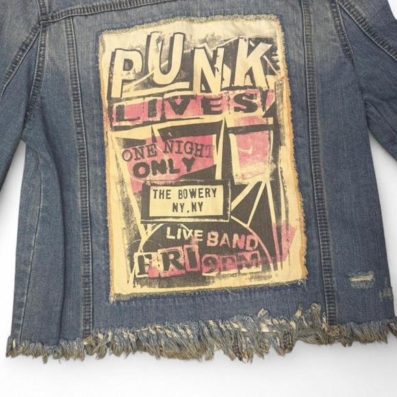 Distressed Punk Denim Jacket | Grunge Band Patch Streetwear Bold Alt Frayed - Picture 2 of 4